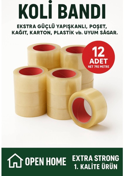 12 ADET-792 Metre Şeffaf Koli Bandı – Extra Strong 40 Micron Kalınlık, Güçlü Yapışkan
