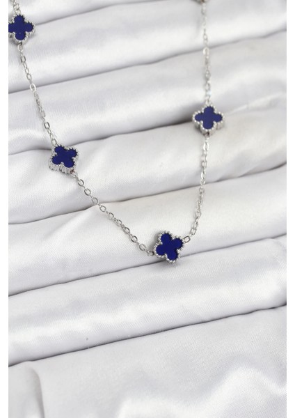 Bfs 316L Çelik Zincir Gümüş Renk Lacivert Baby Boy Yonca Kadın Kolye