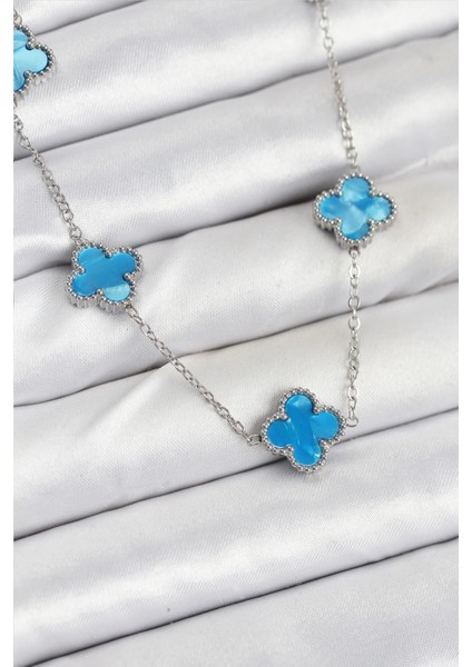 Bfs 316L Çelik Zincir Gümüş Buz Mavisi Renk Yonca Kadın Kolye