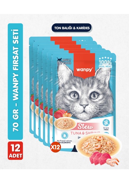 12LI Yetişkin Kedi Yaş Maması Ton Balığı & Karides Premium Kalite 12 x 70 gr