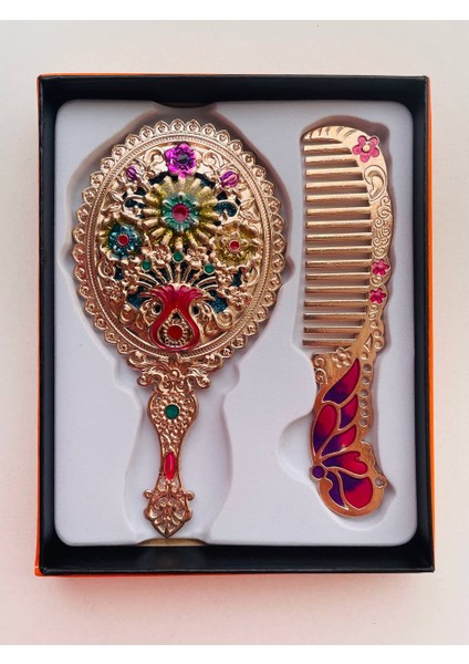 Ayna Tarak Seti, Kutulu-Metal-Hediyelik Takım, 13CM Aynalı Saç Fırçası, Tavuskuşu Figürlü