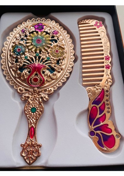 Ayna Tarak Seti, Kutulu-Metal-Hediyelik Takım, 13CM Aynalı Saç Fırçası, Tavuskuşu Figürlü modelleri