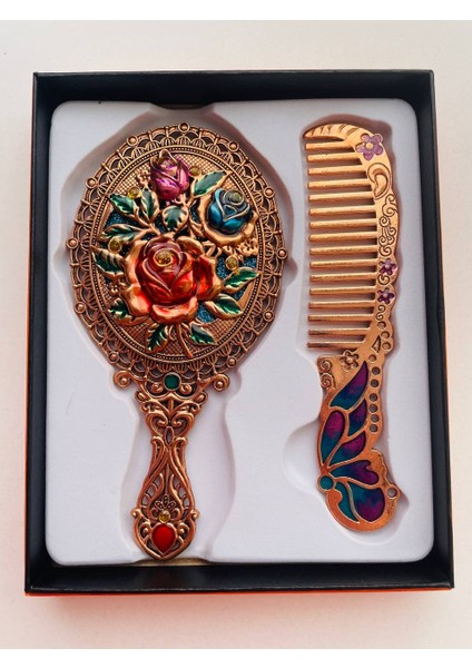 Ayna Tarak Seti, Kutulu-Metal-Hediyelik Takım, 13CM Aynalı Saç Fırçası, Tavuskuşu Figürlü