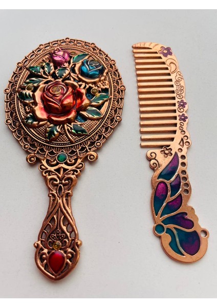 Ayna Tarak Seti, Kutulu-Metal-Hediyelik Takım, 13CM Aynalı Saç Fırçası, Tavuskuşu Figürlü