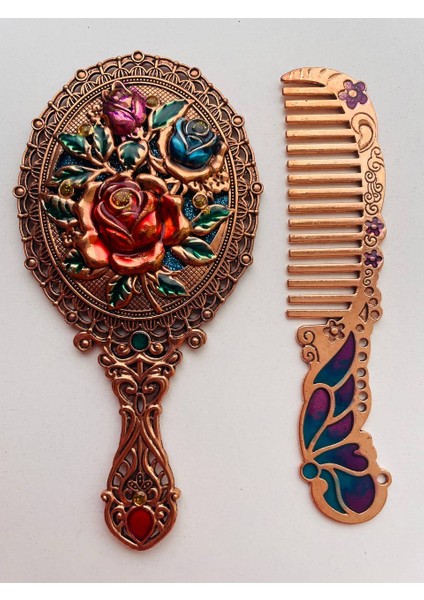 Ayna Tarak Seti, Kutulu-Metal-Hediyelik Takım, 13CM Aynalı Saç Fırçası, Tavuskuşu Figürlü