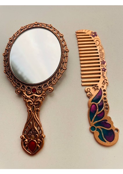 Ayna Tarak Seti, Kutulu-Metal-Hediyelik Takım, 13CM Aynalı Saç Fırçası, Tavuskuşu Figürlü