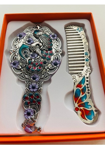 Ayna Tarak Seti, Kutulu-Metal-Hediyelik Takım, 13CM Aynalı Saç Fırçası, Tavuskuşu Figürlü