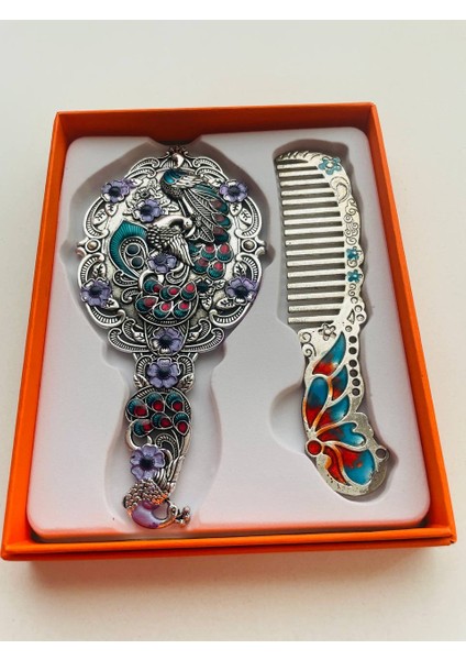 Ayna Tarak Seti, Kutulu-Metal-Hediyelik Takım, 13CM Aynalı Saç Fırçası, Tavuskuşu Figürlü modelleri