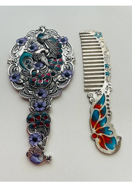 Ayna Tarak Seti, Kutulu-Metal-Hediyelik Takım, 13CM Aynalı Saç Fırçası, Tavuskuşu Figürlü