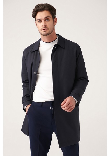 Erkek Lacivert İçi Elyaflı Kapitoneli Su İticili Gizli Düğmeli Trenç A31Y6000