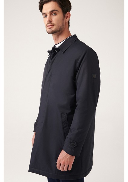 Erkek Lacivert İçi Elyaflı Kapitoneli Su İticili Gizli Düğmeli Trenç A31Y6000