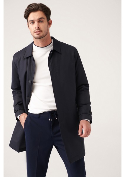 Erkek Lacivert İçi Elyaflı Kapitoneli Su İticili Gizli Düğmeli Trenç A31Y6000