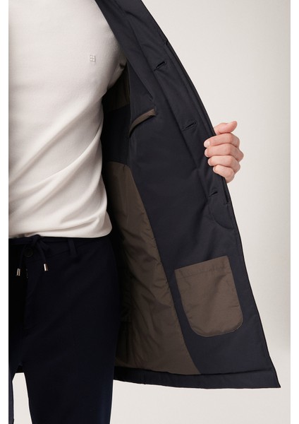 Erkek Lacivert İçi Elyaflı Kapitoneli Su İticili Gizli Düğmeli Trenç A31Y6000