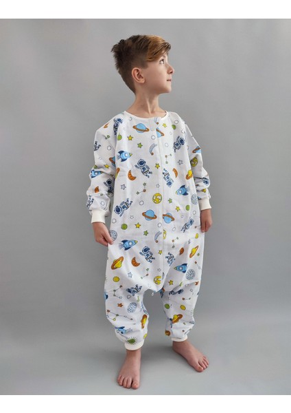 Pamuk Pazen Uzun Kollu Unisex Kışlık Çocuk Uyku Tulumu %100 Pamuk Uzay Desenli 20-24 Derece 1 Tog
