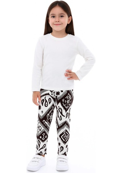 Kız Çocuk Etnik Desenli Beyaz Elastik Bel Bürümcük Pantolon