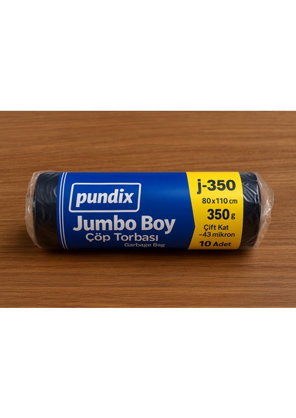 Pundıx J350 Jumbo Boy Çöp Torbası 80X110 cm – 1 Rulo (10 Adet) – 350 G – Çift Kat 43 Mikron Dayanıklı Siyah Poşet