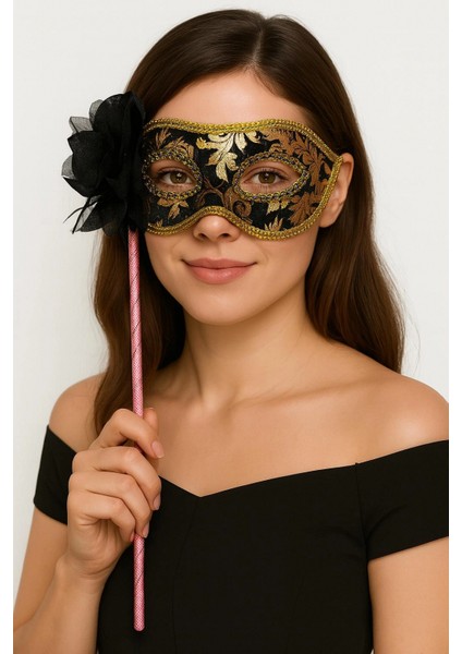 Lüks Taşlı Saplı Maskeli Balo Maskesi Siyah Renk 35 cm (5324)