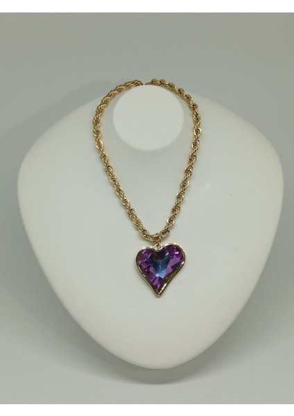 Mor Kristal Taşlı Kalp Kolye, Altın Renk Burgu Zincir