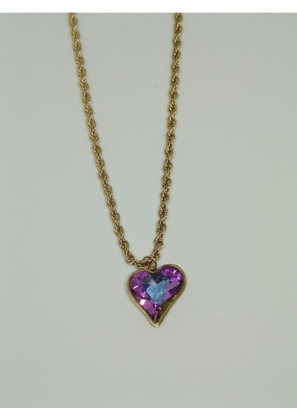 Mor Kristal Taşlı Kalp Kolye, Altın Renk Burgu Zincir fiyatları