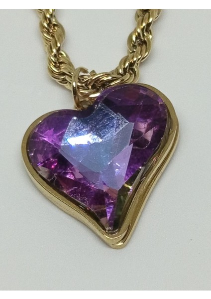 Mor Kristal Taşlı Kalp Kolye, Altın Renk Burgu Zincir modelleri