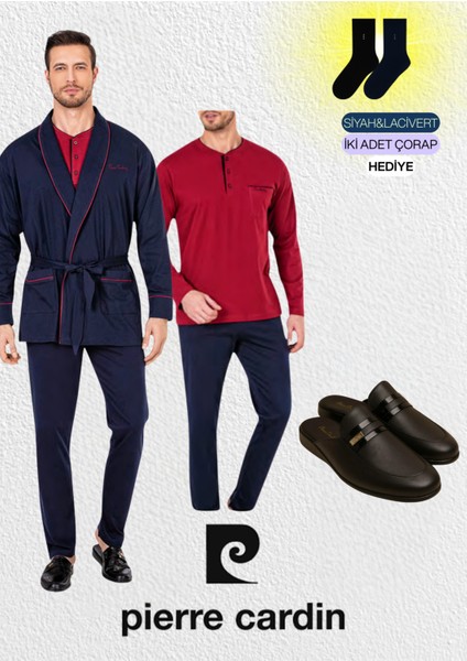 Erkek Lacivert Penye 3'lü Robdöşambır & Uzun Kollu Pijama Takımı & Deri Terlik (Çorap Hediyeli)
