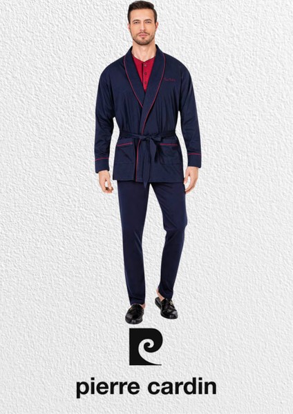 Erkek Lacivert Penye 3'lü Robdöşambır & Uzun Kollu Pijama Takımı & Deri Terlik (Çorap Hediyeli) modelleri