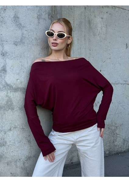 Yarasa Kol Geniş Yaka Siyah Bluz Bol Kesim Likralı Kumaş Düşük Omuz Üst