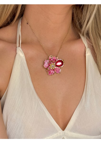 316L Çelik Idyllia Kolye Pembe Çiçek Kadın Gold Kolye