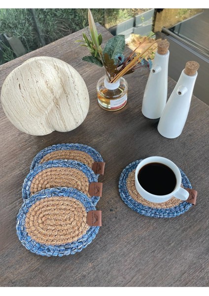 Tekstil 4 Adet Oval Dekoratif Bardak Altlığı Seti - Yuvarlak , Leke Tutmaz- Naturel-Mavi 13X17 cm