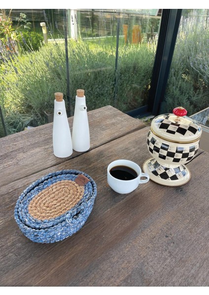 Tekstil 4 Adet Oval Dekoratif Bardak Altlığı Seti - Yuvarlak , Leke Tutmaz- Naturel-Mavi 13X17 cm fiyatları