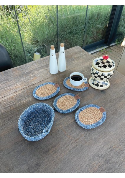 Tekstil 4 Adet Oval Dekoratif Bardak Altlığı Seti - Yuvarlak , Leke Tutmaz- Naturel-Mavi 13X17 cm modelleri