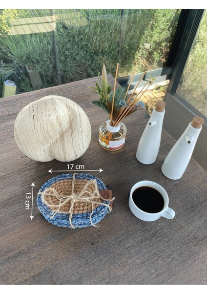 Tekstil 4 Adet Oval Dekoratif Bardak Altlığı Seti - Yuvarlak , Leke Tutmaz- Naturel-Mavi 13X17 cm fırsatları