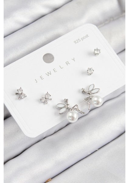 Pirinç Zirkon Taşlı Inci Melek Model Gümüş Renk 925 Ayar Gümüş Çivi Kadın Küpe Set - TJ-BKP11187