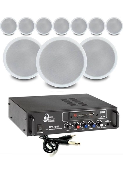 10’lu Beyaz Tavan Hoparlörlü 100V Anfi Ses Sistemi | Kafe Mağaza Ofis Müzik Seti