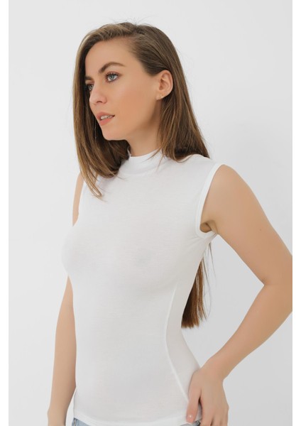 2 Adet Beyaz Bambu Kadın Balıkçı Yaka Sıfır Kol Body Boğazlı Kolsuz Badi