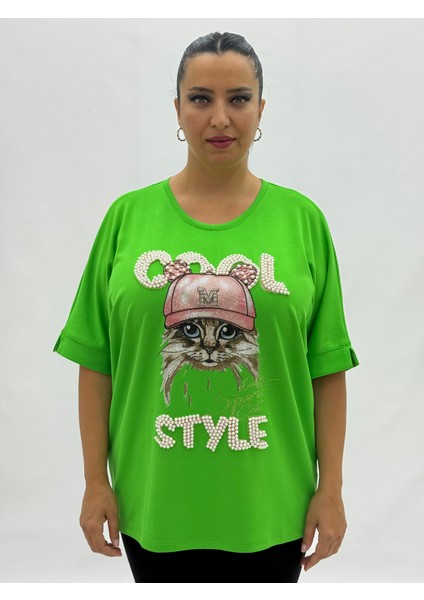 Büyük Beden Kedi Motifli Taşlı Inci Detaylı Oversize Kısa Kol Kadın Tişört