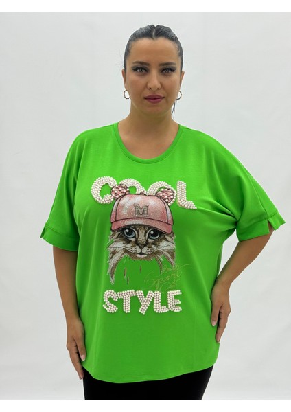 Büyük Beden Kedi Motifli Taşlı Inci Detaylı Oversize Kısa Kol Kadın Tişört fiyatları
