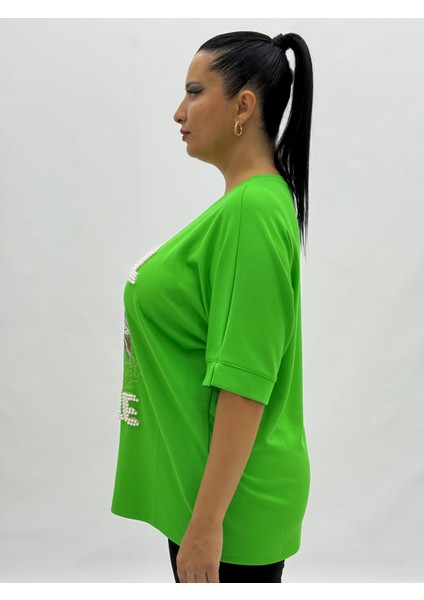 Büyük Beden Kedi Motifli Taşlı Inci Detaylı Oversize Kısa Kol Kadın Tişört modelleri