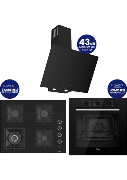 Flowart Turbolu Silenart Siyah Cam Ankastre Set ( 65 cm Woklu Ocak ) QBL62CS - SC405 - D077SA