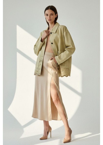 Kadın Yağ Yeşili Düğmeli Uzun Kollu Lazer Kesim Nakışlı %100 Pamuk Oversize - Yeni Sezon Kadın Ceket fiyatları