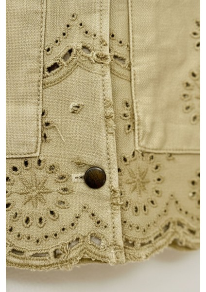 Kadın Yağ Yeşili Düğmeli Uzun Kollu Lazer Kesim Nakışlı %100 Pamuk Oversize - Yeni Sezon Kadın Ceket indirimleri