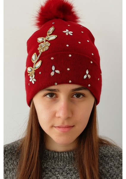 Kadın Örgü Taşlı Ponponlu Bere Standart