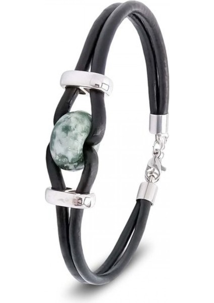 Yeşil Jasper Doğal Taşlı Deri ve Çelik Bileklik 9592B14D4