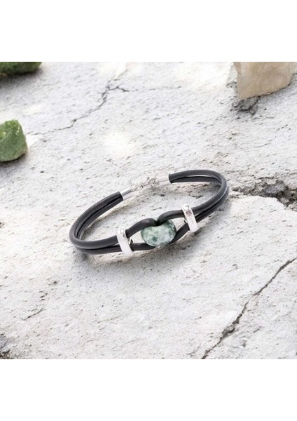 Yeşil Jasper Doğal Taşlı Deri ve Çelik Bileklik 9592B14D4