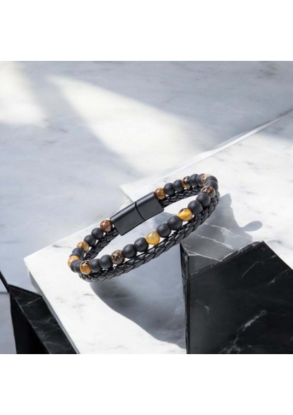 Kaplan Gözü ve Oniks Doğaltaş Deri Çelik Bileklik 9592B7D29 modelleri