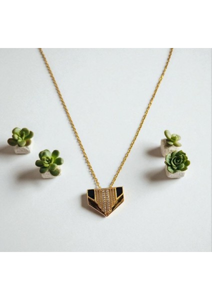 Unisex Siyah Mineli Zirkon Taşlı Daphne Çelik Kolye