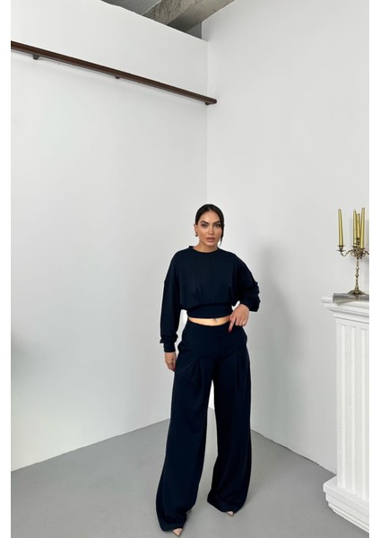 Kadın Dikiş Detaylı Crop Sweat Bol Paça Eşofman Altı Modal Kumaş Ikili Takım NBNP017 fiyatları