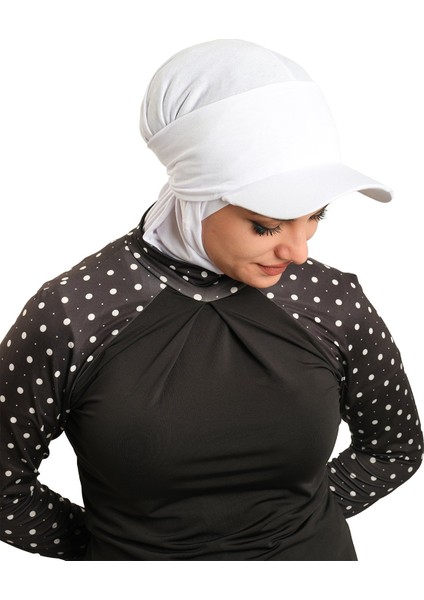 Beyaz Pratik Hazır Geçmeli Şapkalı Tesettür Eşarp Viskon Düz 2513_42 modelleri