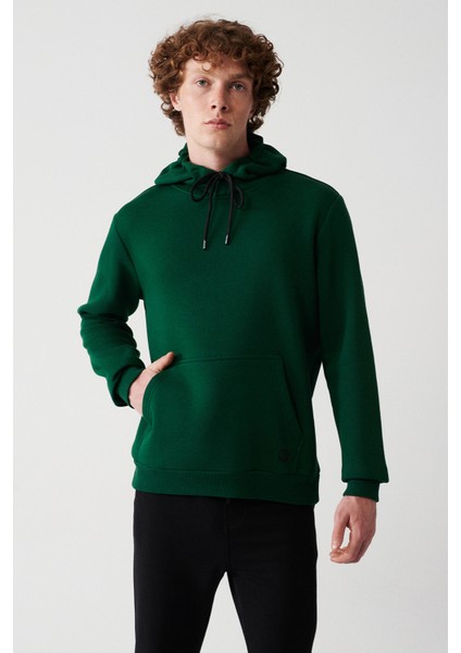 Erkek Yeşil Şardonlu Kumaş Bisiklet Yaka Basic Sweatshirt E001018