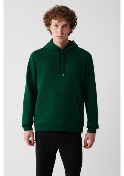 Erkek Yeşil Şardonlu Kumaş Bisiklet Yaka Basic Sweatshirt E001018